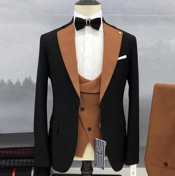 2023 Новый мужской комплект, черный костюм, Оранжевый край, стоячий воротник, Деловой формальный роскошный свадебный комплект из трех предметов (куртка + брюки + жилет) Изображение