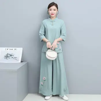 2023 новое женское чайное платье в китайском стиле, платье дзен, улучшенный костюм чонсам тан, топ, свободные брюки, повседневный женский комплект с вышивкой s388 Изображение