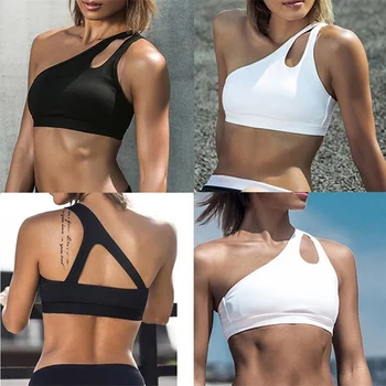 Противоударный спортивный жилет для фитнеса, рубашка на одно плечо, женские бюстгальтеры для фитнеса с эффектом Пуш-ап, футболки, топы для фитнеса, черный, белый Изображение