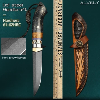 Стальной нож Uzi с прямым лезвием высокой твердости, уличный инструмент, охотничий нож для выживания, устойчивая деревянная ручка с кожаными ножнами Изображение