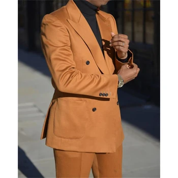 Оранжевые Двубортные Костюмы Slim Fit Party Wear Из Двух Предметов Для Официальных деловых Мероприятий, Пальто С Отворотом + Брюки, Смокинги Для Мужчин Изображение