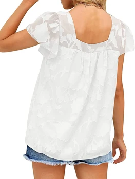 Женская блузка с цветочным принтом, квадратным вырезом и пышными рукавами, Повседневные Летние жаккардовые топы, Элегантные футболки Изображение