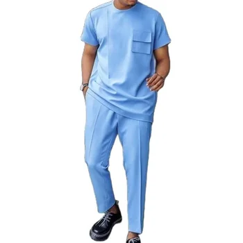 Однотонный Небесно-голубой Мужской комплект, Летние топы с коротким рукавом и нагрудным карманом + брюки с эластичной резинкой на талии, Нигерийская модная мужская свадебная одежда Изображение