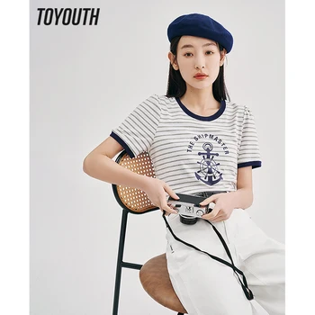 Женская футболка Toyouth 2023, Весна, Короткий рукав, O-образный вырез, Свободная футболка в серо-белую полоску с графическим принтом, Шикарные повседневные топы Изображение