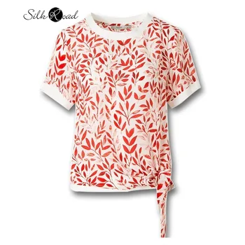 Шелковая футболка на шнуровке контрастного цвета Silviye, простой и универсальный повседневный красный топ с короткими рукавами и принтом, женская летняя Изображение