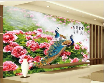 Изготовленная на заказ фреска 3d обои в китайском стиле Цветы цветут Павлин пион картина 3d настенные фрески обои для стен гостиной 3 d Изображение
