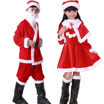 Детский Рождественский костюм для косплея с ботинками Санта Клауса, комплект одежды для малышей, Платье, Брюки, топы, Шляпа, Плащ, пояс, семейная вечеринка Изображение