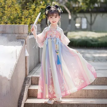 Платье Hanfu для девочек, древнекитайское платье Hanfu, Детский Сказочный детский танцевальный костюм для выступлений на сцене, Летнее Новое платье для Косплея Изображение