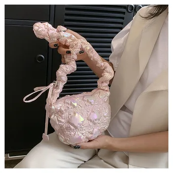 Женская сумка Cloud Mass Fold, Модная Розовая плиссированная сумка на плечо с глянцевой поверхностью, Милая блестящая сумка через плечо Изображение